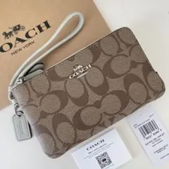 COACH コーチダブルジップリストレットシグネチャーベージュグリーンポーチ財布