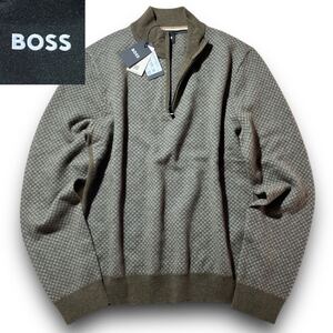 新品!現行24aw HUGO BOSS ハーフジップ ニット セーター ロゴタグ ブラウン 茶 ウール M チェック 格子柄 総柄 大谷翔平 ヒューゴボス 24年