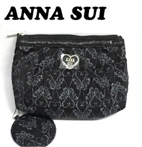 【ANNA SUI】(NO.2084)アナスイ コスメポーチ　ミニミラー付き　ブラック　ラメ入り蝶刺繍　未使用