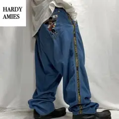 HARDY AMIES ワイド デニム バギーパンツ 犬 光沢 刺繍 レーヨン