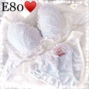 E80L★ホワイトローズ サックス×ホワイト★ブラジャー＆ショーツセット★上下セット★レース パンツ Eカップ アンダー80 新品 下着★みゆ