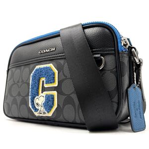 1円《 未使用保管品 》COACH コーチ グラハム ショルダーバッグ メンズ スヌーピーコラボ シグネチャー ワッペン ロゴ 斜め掛け レザー 黒