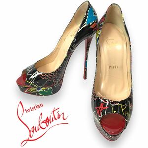 p23 Christian Louboutin クリスチャンルブタン エナメル パンプス オープントゥ ハイヒール ピンヒール ブラック ペイント柄 38 正規品