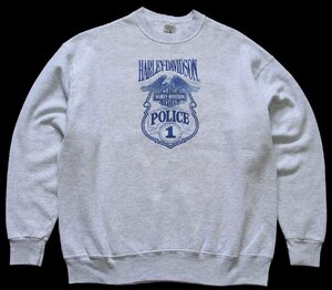 ★90s USA製 HARLEY-DAVIDSON ハーレー ダビッドソン ロゴ刺繍 POLICE 1 スウェット 杢ライトグレー XL★ビンテージ ポリス オーバーサイズ