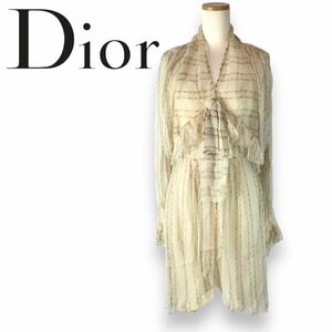 r110 Christian Dior ディオール フェミニン 花柄 ワンピース 長袖 シフォン シースルー フラワー ドレス 36 フランス製 silk100% 正規品