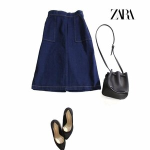 美品 ZARA ザラ シンプル ロング丈 ゴールドステッチ ストレッチ タイト デニムスカート ミディ 濃い色 ネイビー 紺 定番 通年 お洒落