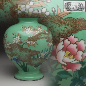 EX593 時代物 七宝焼 四君子図 銀覆輪 花瓶 高19.2cm 重725g・七宝花瓶・有線七宝花入・景泰藍賞瓶