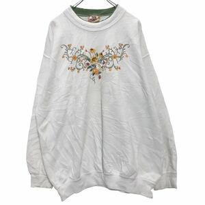 topstitch プリント スウェットトレーナー ウィメンズ L ホワイト グリーン トップステッチひまわり 花 古着卸 アメリカ仕入 a505-6374