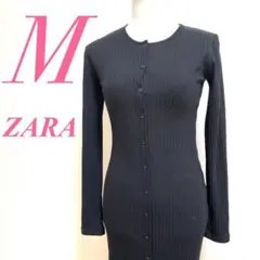 ZARA ブラック リブ タイト ワンピース M ポリ レーヨン ロング丈