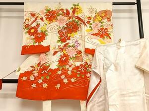 平和屋着物■七五三　女の子　３歳　祝着　三つ身　襦袢セット　刺繍　地紙花鳥文　逸品　AAAK5888Boa