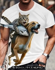 ★メンズ3D猫＆犬プリントTシャツ - カジュアル、クルーネック、半袖、ポリエステル、洗濯機可 