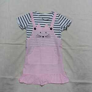 【未使用】【在庫処分】子供服 子供 女の子 120 セットアップ 半袖 Tシャツ カットソー スカート サロペット キツネ ボーダー （zj1663）