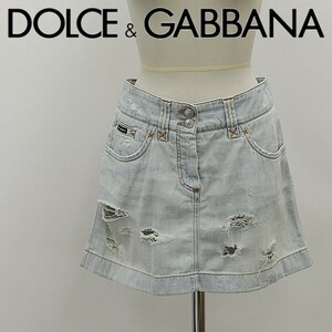 国内正規品◆DOLCE&GABBANA ドルチェ＆ガッバーナ ダメージ加工 ラインストーン ロゴ金具 デニム ミニ スカート 42