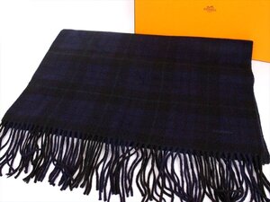 良品☆HERMES【エルメス】カシミヤ100％大判マフラー☆ストール☆パープルチェック☆ロゴ☆メンズ☆レディース☆箱付