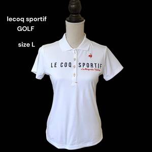 美品 lecoq sportif GOLF 半袖 ポロシャツ 吸汗速乾 UPF50 プリント ルコック スポルティフ ゴルフ レディース ウェア 白 ホワイト L