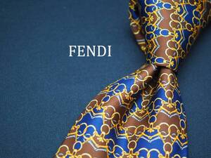 美品【FENDI フェンディ】 C1355 ネイビー ブラウン SILK ブランド ネクタイ 古着 良品