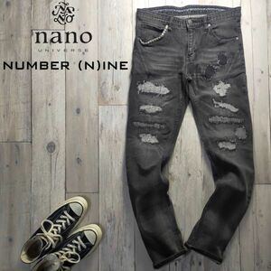 ☆NUMBER（N）INE nanouniverse ナンバーナイン×ナノユニバース☆コラボ USED クラッシュ リペア加工 ストレッチ ブラック デニム M S1227