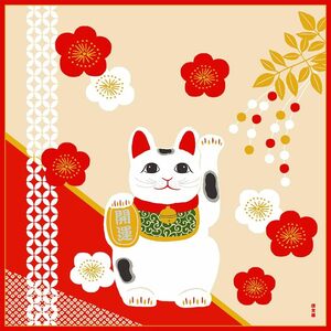 濱文様　小布　開運招き猫　ベージュ　約50×50cm　綿100％　日本製　新品