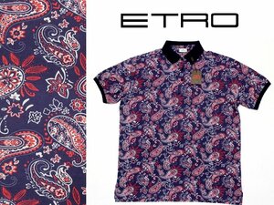 9万新品◆XXL◆【ETRO】エトロ◆イタリア製 ペイズリーモチーフバンダナ柄プリント 鹿の子ポロシャツ 紺赤白 1円