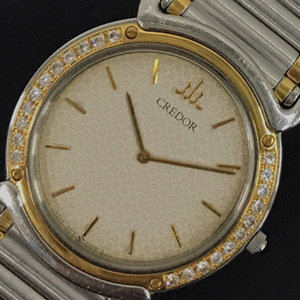 クレドール SS + 18KT ダイヤモンド ベゼル クォーツ 腕時計 稼働品 5A74-0190 純正ブレス ブランド小物 CREDOR