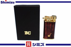 1円【BC ブッショカン】極美品 着火確認済 ガスライター パイプ用 ゴールド×マーブルブラウン 喫煙具 小物 アクセサリー 箱付◆質屋