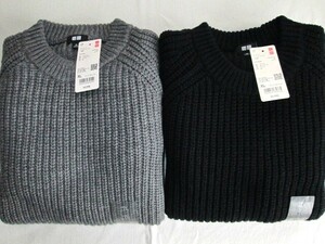 ★新品 2021年 UNIQLO ユニクロ ローゲージ リブクルーセーター(長袖) XL 03.GRAY 09.BLACK グレー 黒 ざっくり編みニット 351-438795★