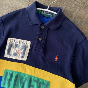 POLO RALPH LAUREN ポロラルフローレン RL RAFTING ポニー刺繍 ワッペン プリント ボーダー 鹿の子 半袖 ポロシャツ XS 紺 トップス メンズ