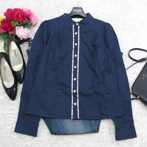 G7444*LAURA ASHLEY ローラアシュレイ☆ノーカラー☆シャツ☆ブラウス☆紺ネイビー☆2