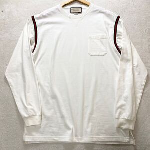 【極美品・現行】 GUCCI グッチ メンズ ロングスリーブ 長袖 Tシャツ シェリーライン ロゴ刺繍 ホワイト Lサイズ