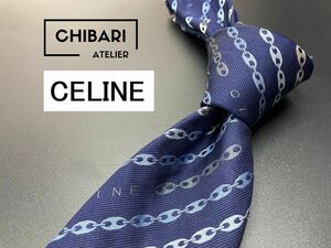 【美品】CELINE　セリーヌ　ロゴレタッチ＆レジメンタル柄　ネクタイ　3本以上送料無料　ネイビー　0903045