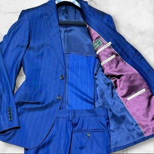 Loro piana生地!!!super150使用!!!【PaulSmith ポールスミス】極艶スーツ◎セットアップ◎ネイビー 紺色 L ストライプ ストレッチ素材 裏地