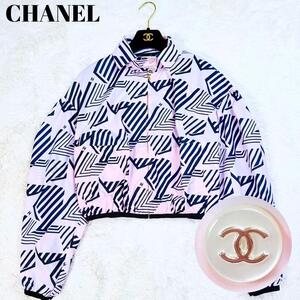 現行/23SS/未使用品/パールココボタン/シャネル◎CHANEL ココビーチナイロンブルゾン ジャケット クロップド ピンク ブラック 黒 34 XS 5号