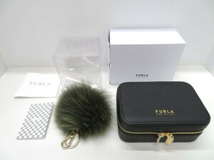 [E026] 未使用 FURLA フルラ ジュエリーボックス ケース ポーチ アクセサリーケース 黒 ＆ FURLA ファー キーチャーム キーホルダー