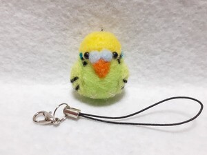 羊毛フェルト ハンドメイド コロコロ小鳥　セキセイインコ　グリーンちゃん ストラップ 