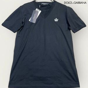 新品未使用●ドルチェ＆ガッバーナ DOLCE＆GABBANA 半袖 Tシャツ 刺繍 王冠 Vネック ブラック 黒 イタリア製 春夏 メンズ 44 S相当