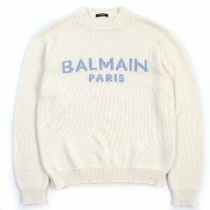 極美品△BALMAIN バルマン KD000KB13 ウール100％ ロゴインターシャ ロングスリーブ ニット セーター オフホワイト S イタリア製 メンズ