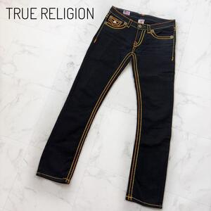 TRUE RELIGION 黒JOEY SUPERT デニム 26 USA製　ローライズ　太ステッチ　 極太ステッチ　ツイステッド ストレート　伸縮性　黄色ステッチ