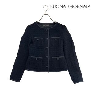 10T114☆ BUONA GIORNATA ブラック ウール ノーカラージャケット 秋冬 入学式 冠婚葬祭 セレモニージャケット 羽織り オフィスカジュアル