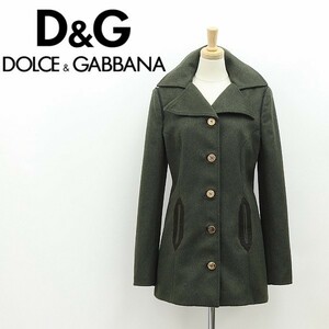 ◆D&G ドルチェ＆ガッバーナ 裏地花柄 レザー使い ウール ハーフ コート モスグリーン 26/40