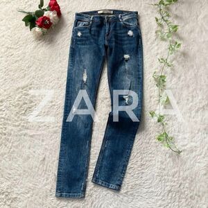 ZARA　ダメージデニム　ジーンズ　スキニー　ブルー　EUR36 US4サイズ　ザラ