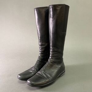 l29♪ 〈イタリア製☆〉 PRADA プラダ ロングブーツ サイドジップ フラットシューズ レザー ブラック系 37.5 24.5cm レディース 女性用