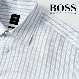 (美品) ヒューゴ ボス HUGO BOSS ストライプ 長袖シャツ 40 M 15 3/4 ホワイト グレー ブラック CANCLINI シャツ