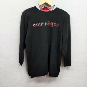 I674 courreges クレージュ 長袖 ニット カットソー 9R ブラック モックネック チェック ロゴ パッチ ニットソー プルオーバー Ｙ2Ｋ