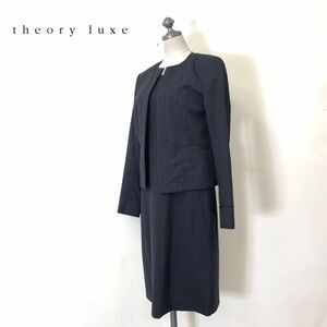 R716-D◆美品◆ theory luxe セオリーリュクス セットアップ ノーカラージャケット 半袖ワンピース フォーマル◆size36 グレーネイビー 毛