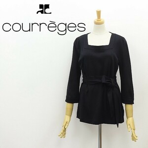 ◆Courreges クレージュ ストレッチ スクエアネック 七分袖 リボンベルト付 トップス 黒 ブラック 38