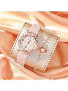 腕時計 レディース クォーツ 女性用のファッショナブルなラウンドダイヤルラインストーンクオーツレザーストラップ腕時計+ 天然石水滴