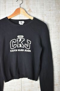 ☆USA製 古着 Calvin Klein Jeans CK カルバンクライン 文字カレッジ ニット ショート丈 レディース【M】コットン　　　　　◆2206◆