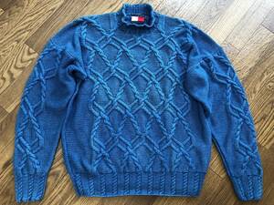 美品 90s トミーヒルフィガー TOMMY HILFIGER インディゴ ケーブル編み フィッシャーマン セーター ニット size L