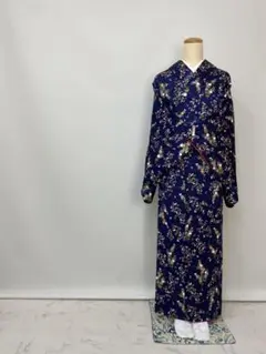 小紋 袷 綸子 菊 萩 ブルー