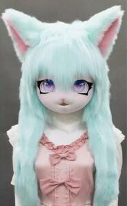 着ぐるみヘッド 猫 白緑 全頭ヘッド ケモノ マスク ファースーツ ぬいぐるみ コスプレ コスチューム